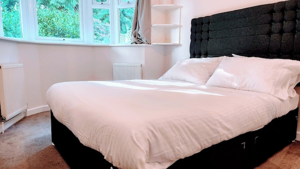 A bedroom with a large bed, white bedding, a dark headboard, and a window with a view of greenery.