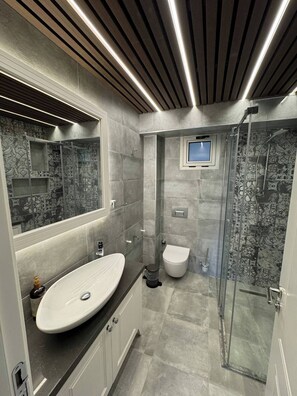 Et moderne badeværelse med en stor, oval håndvask, toilet og bruseområde med glasvægge.