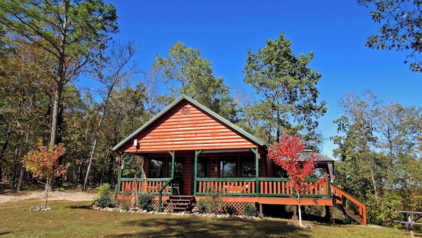 Une cabane avec un toit rouge et des éléments de décoration verts, entourée d’arbres et d’une zone herbeuse.