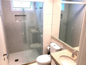 Hair dryer, towels, soap, toilet paper