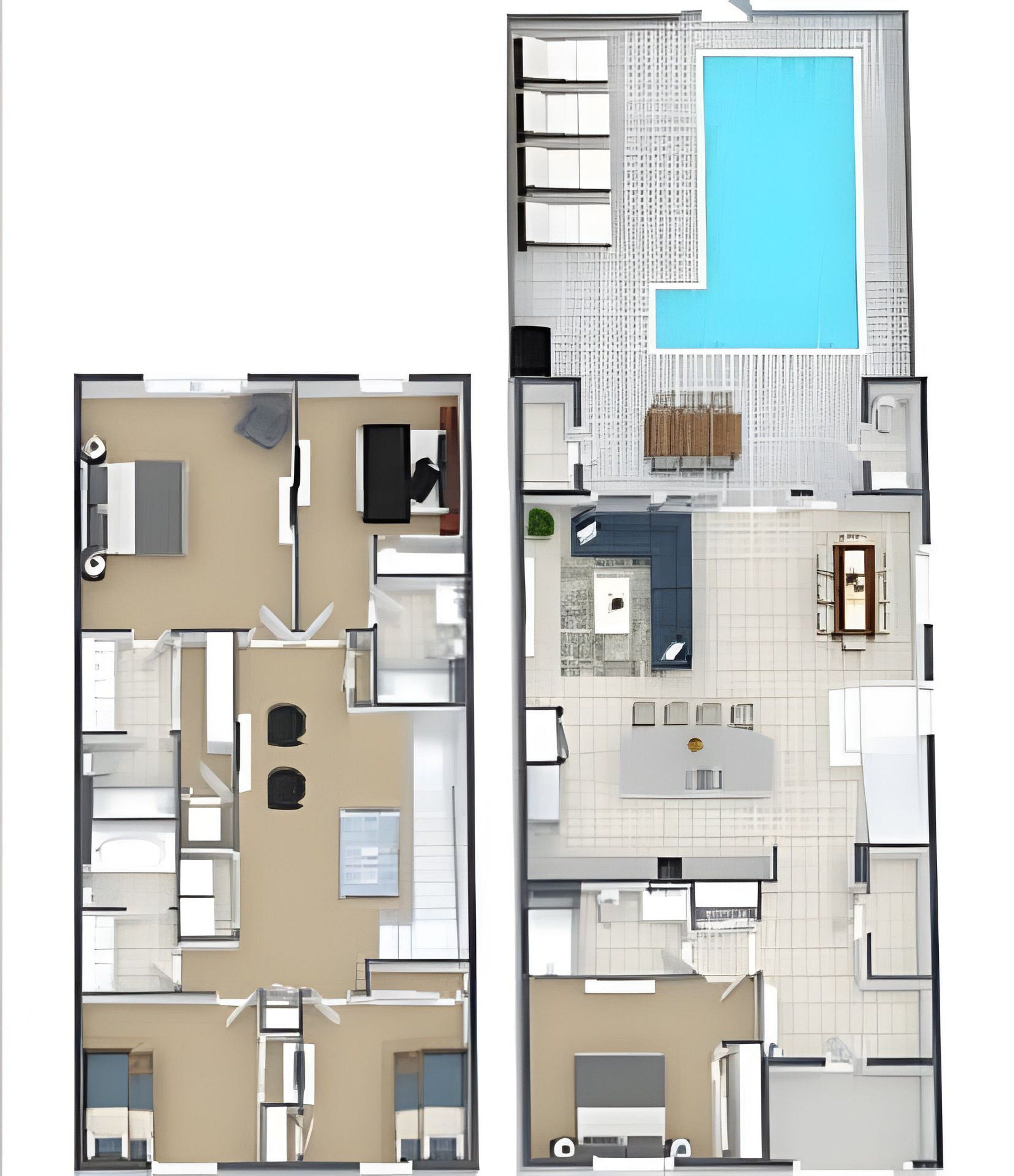 A two-story apartment with a kitchen, dining area, living room, and a balcony with a pool.