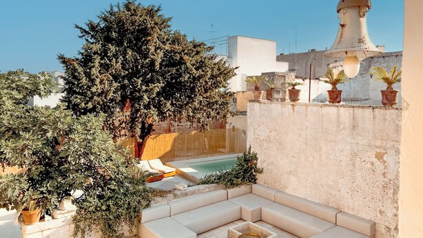 Une terrasse sur le toit, aménagée avec un espace salon, des plantes en pot et offrant une vue sur le paysage urbain.