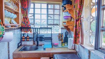 Fridge, microwave, stovetop, electric kettle