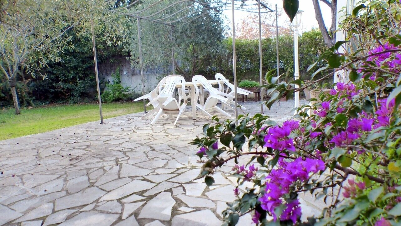 Un camino empedrado con sillas de plástico blancas y flores púrpuras al frente.