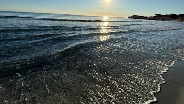 A beach with clear water reflecting the sun, a sandy shore, and a distant shoreline with buildings. - Mobile home with air conditioning, terrace and pool (Santa Lucia/Nuoro)