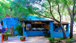 A blue building with a reception sign, surrounded by trees and potted plants. - Mobile home with air conditioning, terrace and pool (Santa Lucia/Nuoro)