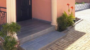 A building with a pink facade, a black door, and white columns. There are steps leading to the entrance, and a small garden with plants and flowers. - Africa Waka Waka (Lungi)