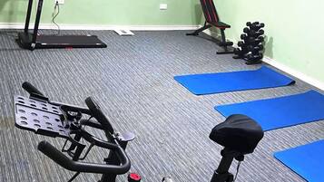 A gym with exercise equipment, blue mats, and a treadmill.