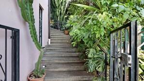 A staircase with a metal railing, surrounded by various plants and a cactus. - Apartment 'Giardino Miramare' with Sea View, Wi-Fi and Air Conditioning (Imperia)