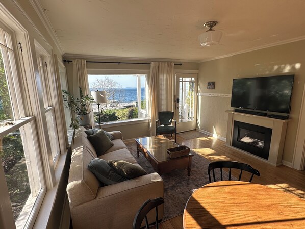 Smart TV, fireplace, DVD player, books