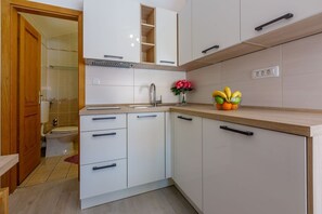 Kitchen features a sink, faucet, and ample countertop space, adjacent to a bathroom with a toilet and shower.