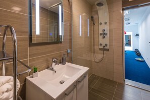 Shower, hair dryer, towels
