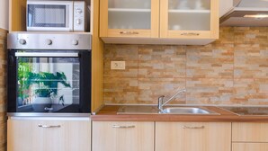Une cuisine équipée d’un four encastré, d’un four à micro-ondes et d’un évier avec un robinet moderne.