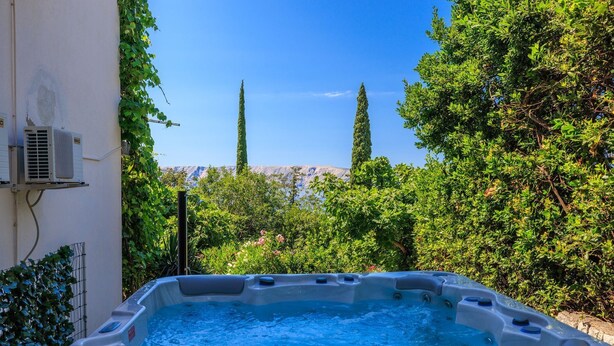 A hot tub in a garden with a view of mountains.