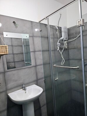 Shower, hair dryer, bidet, towels