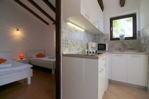 Fridge, microwave, stovetop, dishwasher - Charming flat with private balcony, private parking, WiFi and only 700 metres to the beach (Porec)