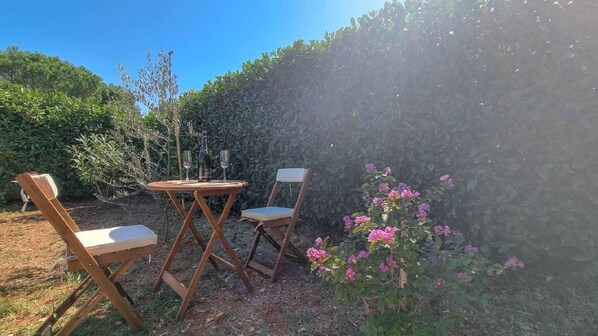Un jardí amb una taula, dues cadires, una tanca i plantes en flor.