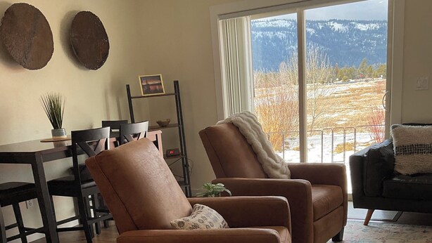 A living room with two brown leather armchairs, a dining table with chairs, a small potted plant, and a view of a snowy landscape through a large window.