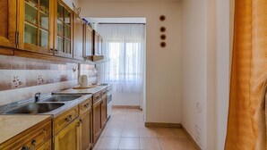 Cucina stretta con mobili in legno, un lavandino e un fornello.