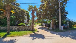 A gravel driveway leading to a parking area with cars, surrounded by lush greenery and palm trees. - Affordable, dog-friendly apartment just 100 meters from the beach (Dalja)