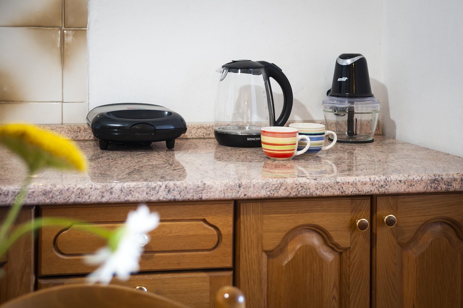 A kitchen counter with a coffee maker, a kettle, and a mug.