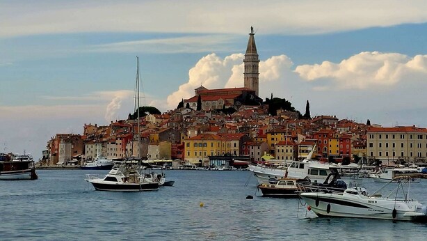 A coastal town with historic buildings, a prominent tower, and boats docked in the harbor. - Mediterranean apartment with barbecue area, sun loungers in the garden, private parking, WiFi (Rovinj)