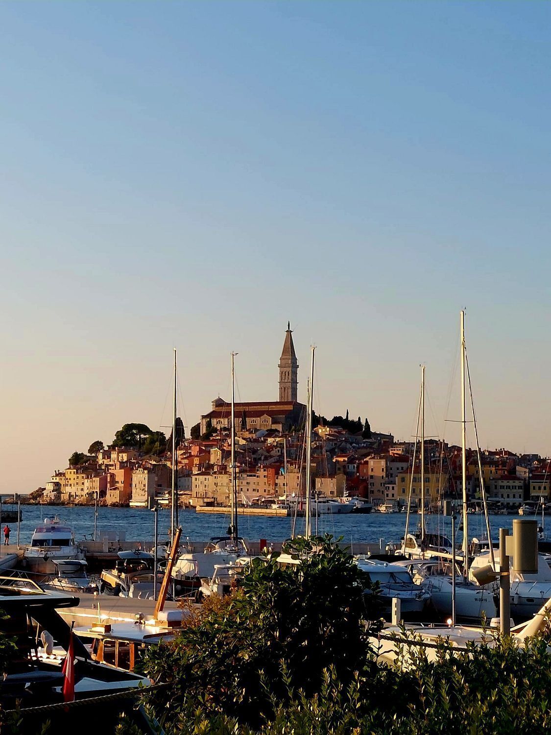 A marina with boats docked, a prominent tower, and buildings on a hill.