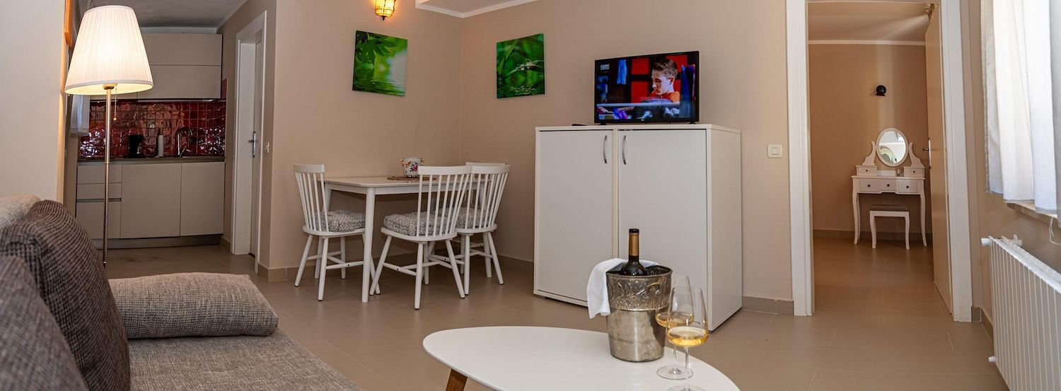 A living room with a sofa, a dining table with chairs, a TV on a cabinet, and a small table with a bottle and glasses.