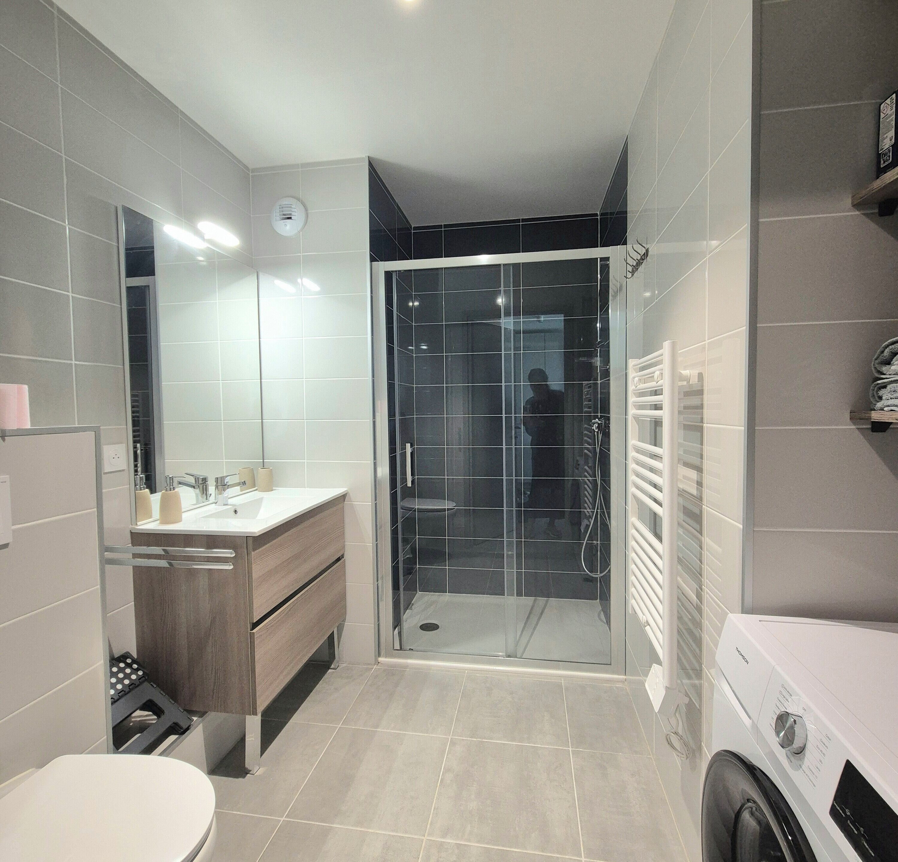 Shower, towels, toilet paper