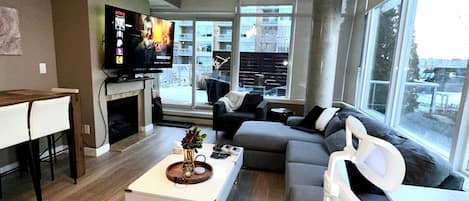 スマートテレビ、暖炉、テレビゲーム、DVD プレーヤー
