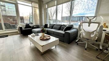 Smart TV, fireplace, video games, DVD player