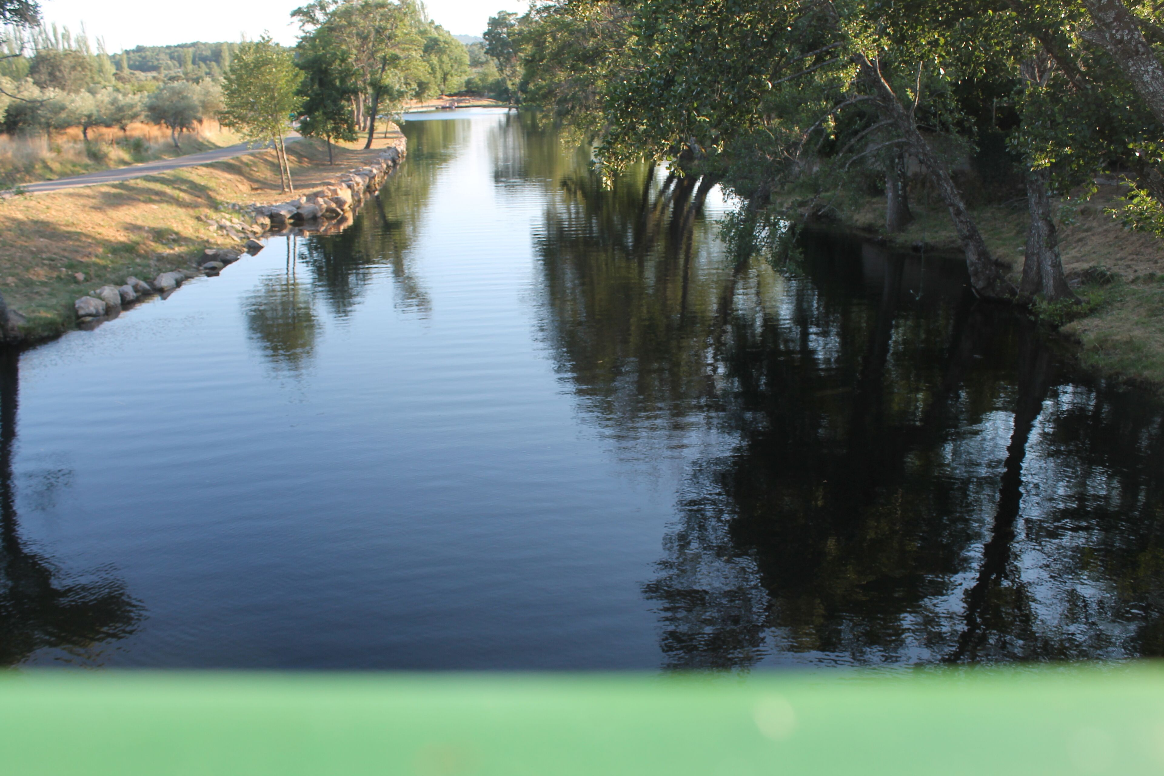 Un río tranquilo bordeado por árboles y una carretera que lo acompaña.