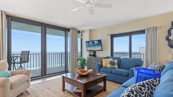 Condo, Multiple Beds, Balcony, Ocean View (Watercrest 1110 | Sunset Haven) | Living area | 35-inch flat-screen TV with digital channels