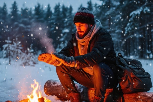 Vecteezy a man sitting by a campfire in the snow 74412953