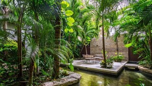 Un jardin intérieur luxuriant, avec un petit étang, des bancs en pierre et des plantes tropicales.