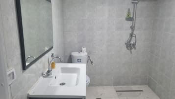 Chuveiro, secador de cabelo, toalhas de banho, sabonete
