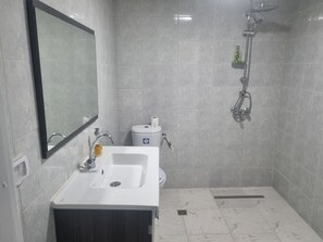 Shower, hair dryer, towels, soap
