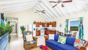 Amplia sala de estar con un sofá azul, sillones de mimbre, una mesa de comedor y una cocina al fondo.