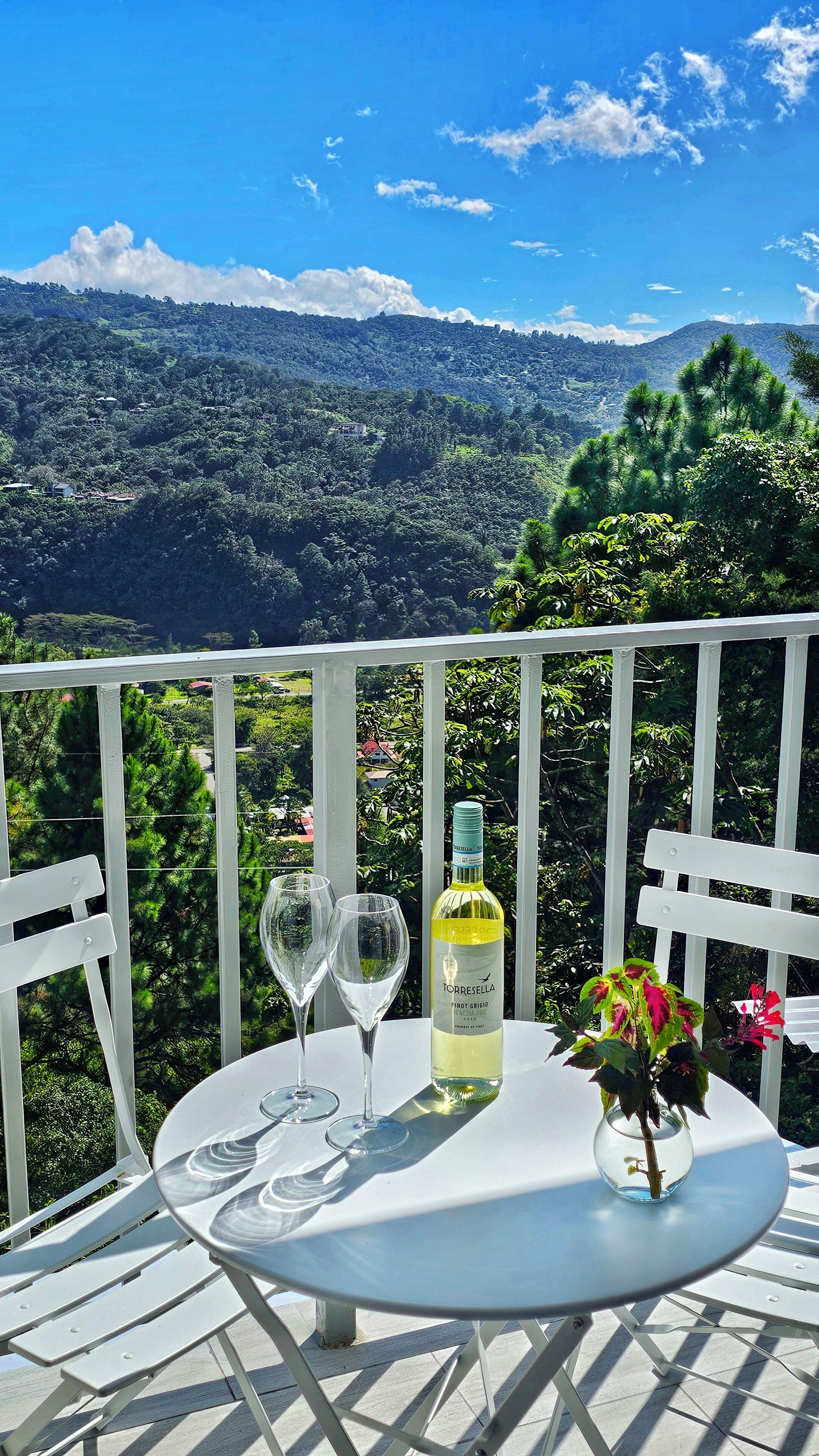 A table with a bottle of wine, two glasses, and a flower vase on a balcony with a scenic mountain view.