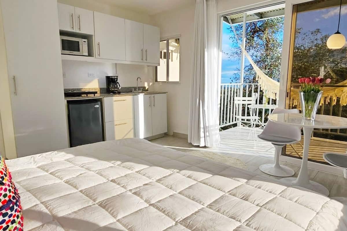 A bedroom with a large bed, a small kitchenette, and a balcony with outdoor seating.