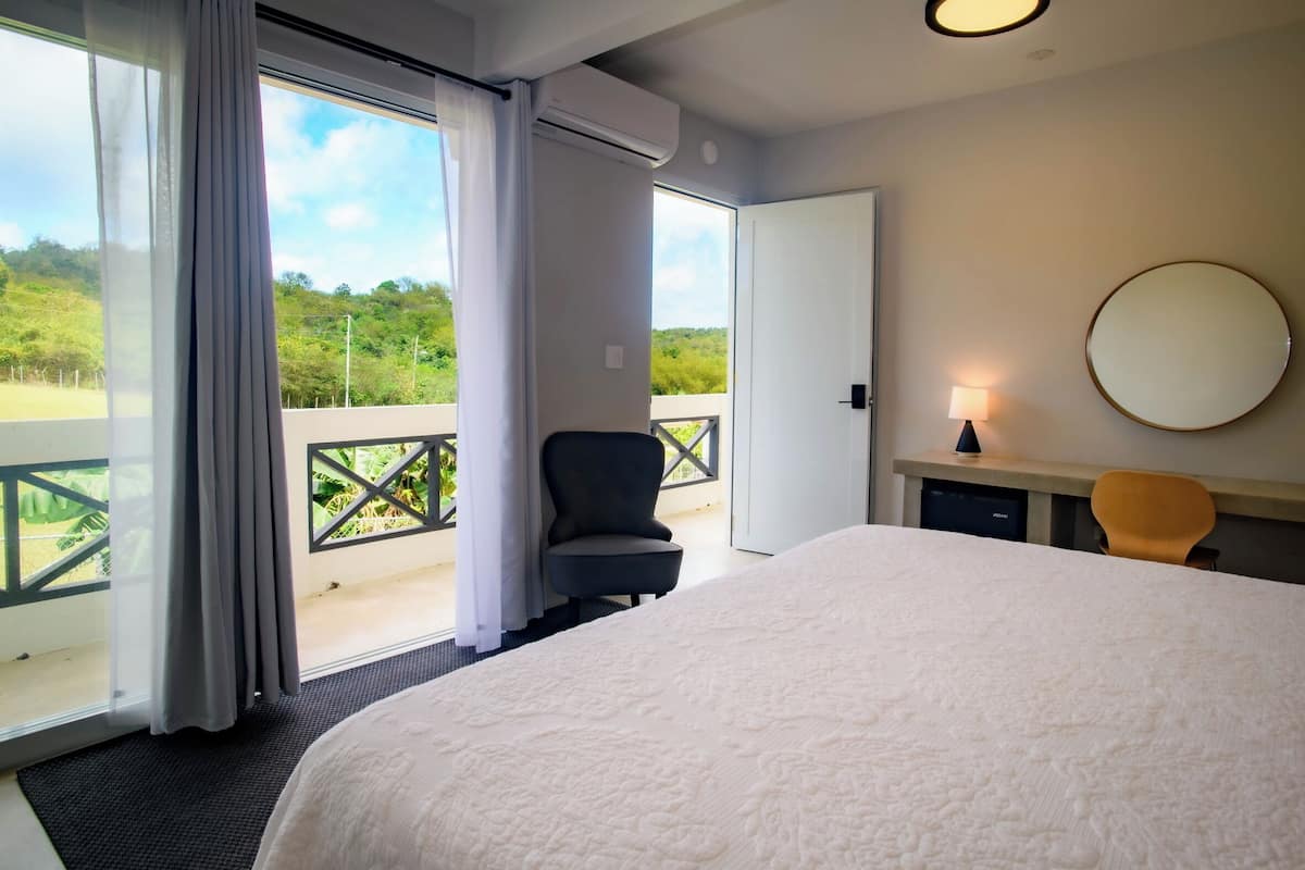 A hotel room with a large bed, a desk with a lamp, a chair, and a view of greenery through the window.