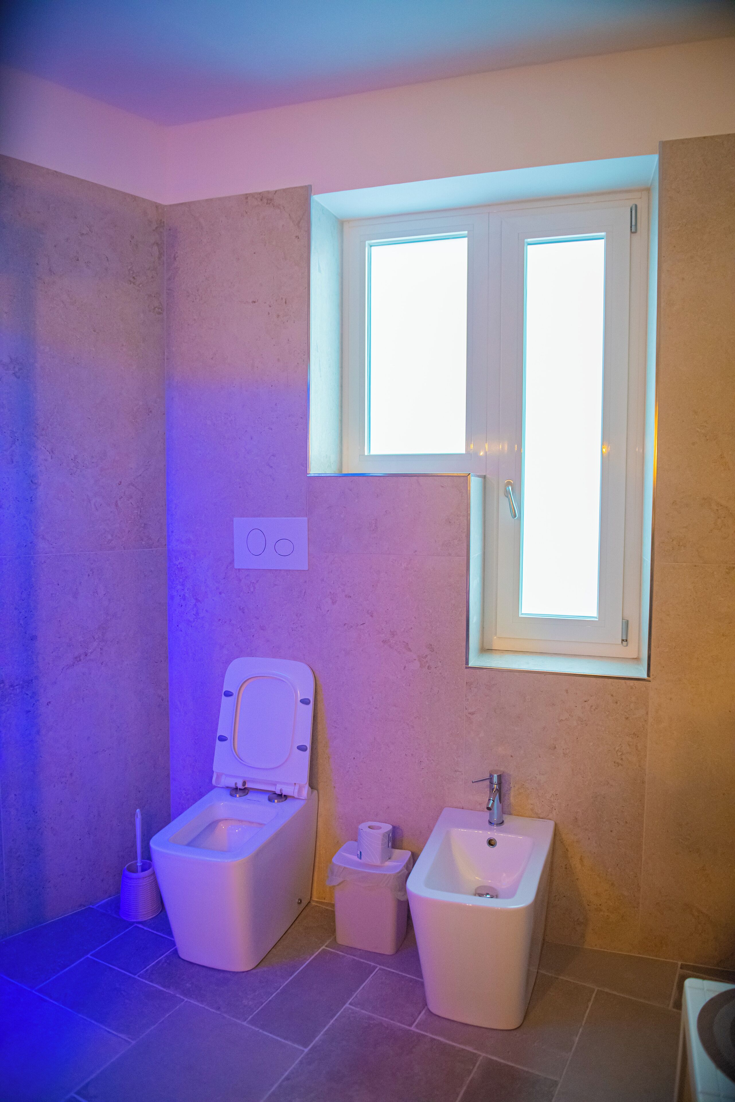 Une salle de bain équipée de toilettes, d’un bidet et d’un lavabo.