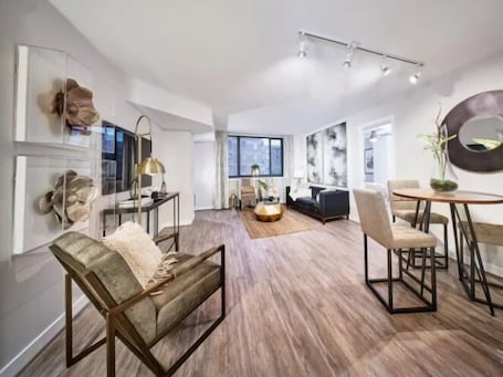 2 bedrooms, desk, laptop workspace, iron/ironing board