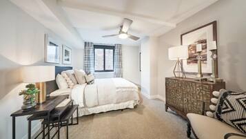 2 bedrooms, desk, laptop workspace, iron/ironing board
