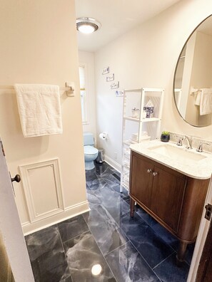 Hair dryer, towels, soap, toilet paper