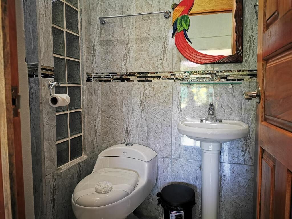 Een badkamer met toilet, wastafel en douche.