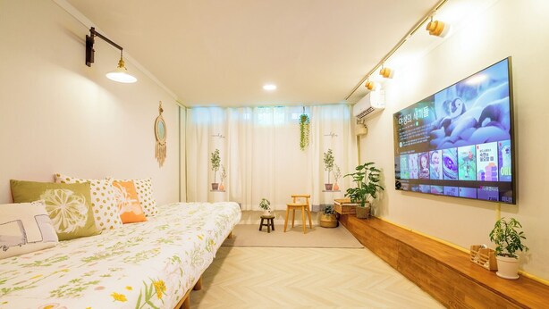 Une chambre à coucher avec un lit, une télévision, un bureau et des plantes en pot.
