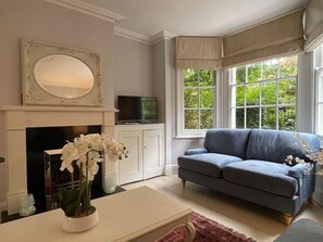 Smart TV, chimenea, oficina y monitor de computadora 