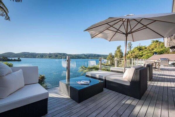 Terrace/patio - The Lake House | Stunning Views + Private Jetty (Okere Falls)