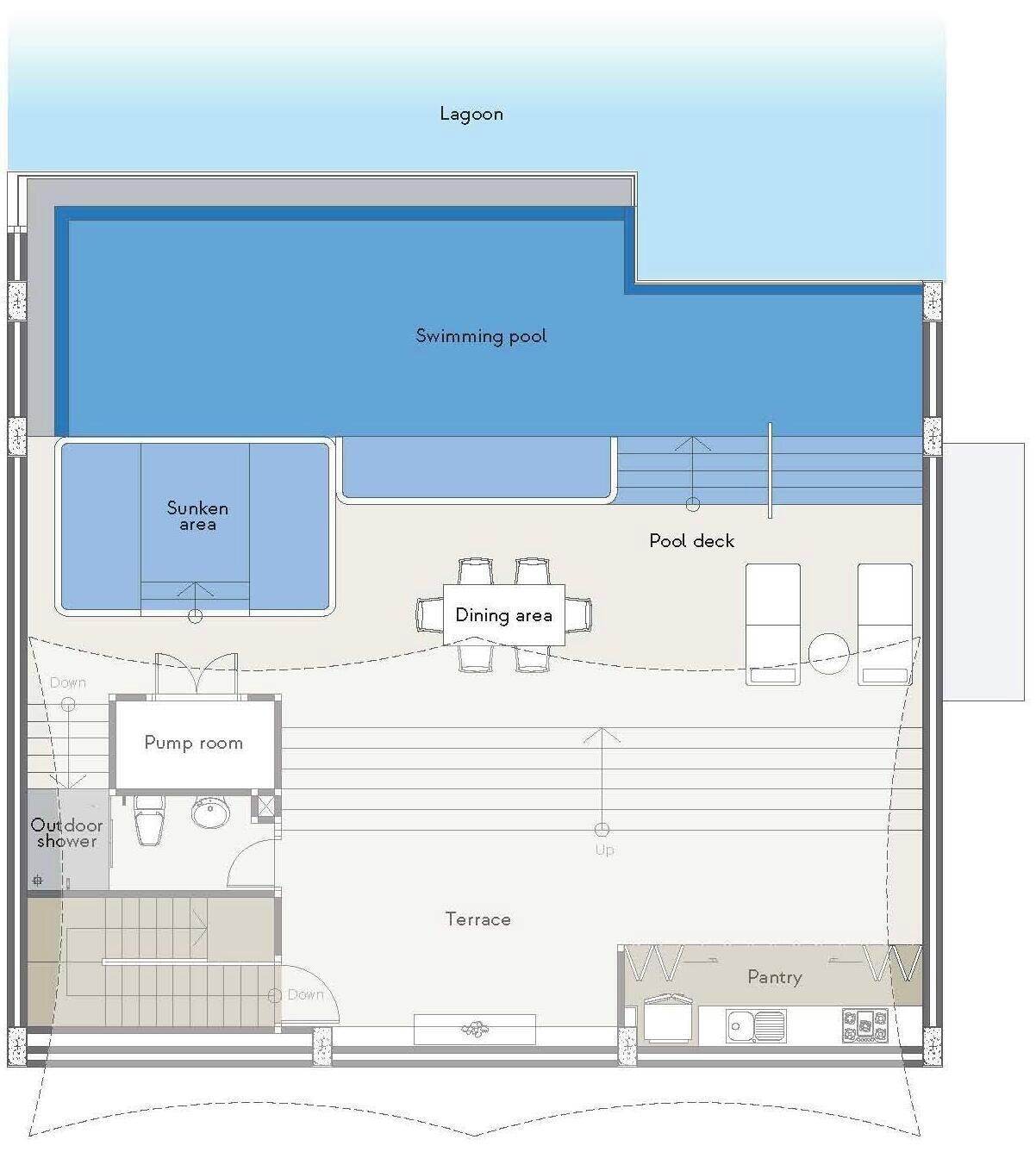 A swimming pool, sunken area, dining area, pump room, outdoor shower, terrace, and foyer.